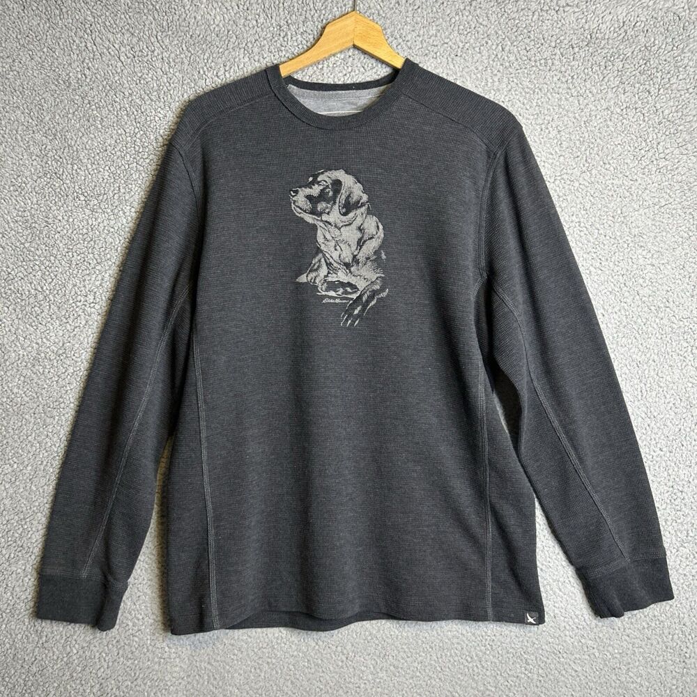 EDDIE BAUER Thermal Dog Shirt Mens Large Gray Waffle Labrador Retreiver Hunting